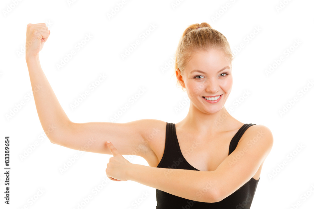 Fitness woman showing energy flexing biceps muscles. Fitness woman showing energy flexing biceps muscles.
