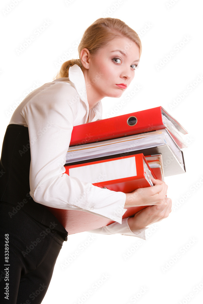 Business woman holding stack of folders documents Business woman holding stack of folders documents