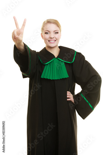 Woman lawyer making victory hand sign