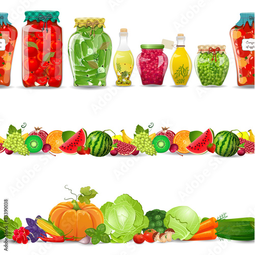 collection seamless borders with preserve food, vegetables, frui