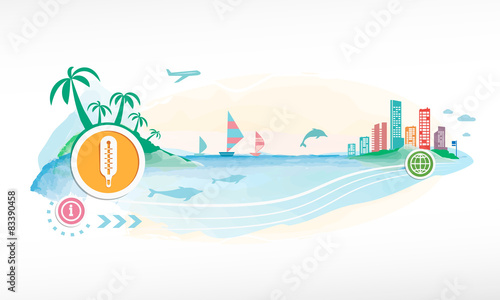 Thermometer indicates on travel background.