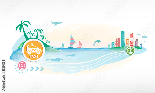 Taxi car sign icon on travel background.