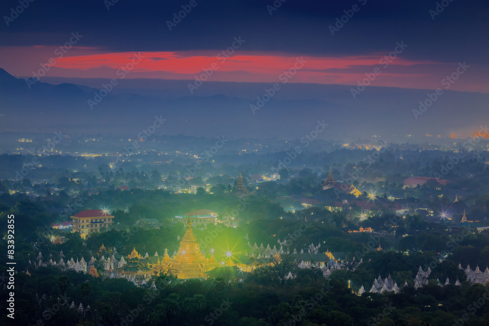 After Sunset behind the mountains at Mandalay hill in Myanmar
