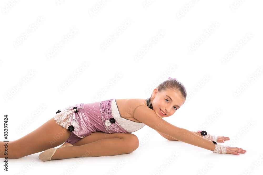 Kid girl rhythmic gymnastics exercises on white Kid girl rhythmic gymnastics exercises on white