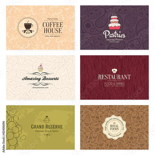 Set of 6 detailed business cards. For cafe and restaurant