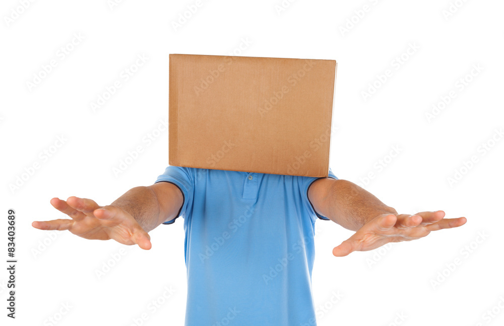 Man blinded by the box to put on his head