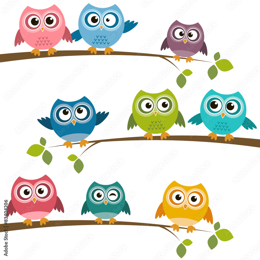 Fototapeta premium Set of colorful cartoon owls on branches