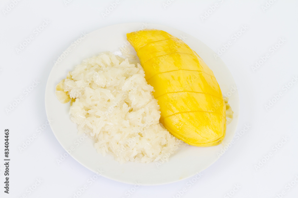 Mango with sticky rice on white background Mango with sticky rice on white background
