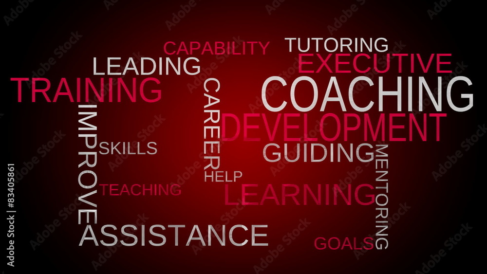 Coaching, development, training word cloud - red bg. Loop able. Coaching, development, training word cloud - red bg. Loop able.