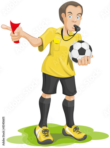 Soccer referee whistles and shows red card.