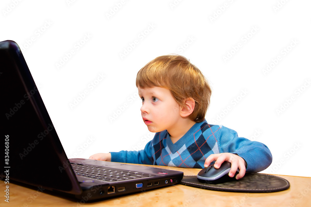 Cute three years boy with laptop isolated on white background Cute three years boy with laptop isolated on white background
