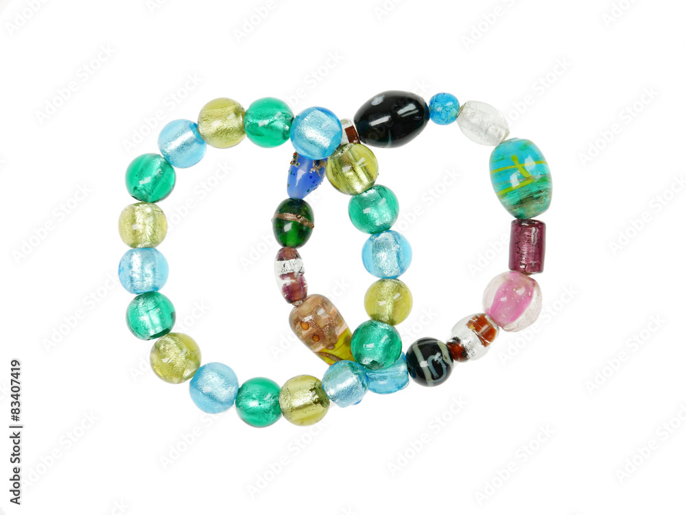 Colorful glass beads bracelet isolated on white Colorful glass beads bracelet isolated on white