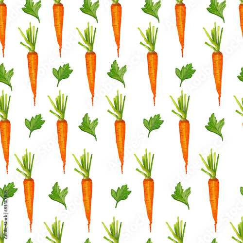 Seamless pattern with carrots and greens. Watercolor style