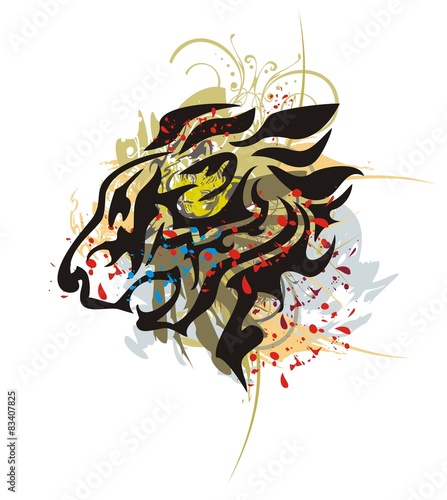 Fototapeta Naklejka Na Ścianę i Meble -  Tribal roaring lion head with splashes and blood drops