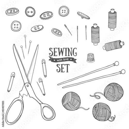 Set of sewing items monochrome color. Set for needlework. Vector