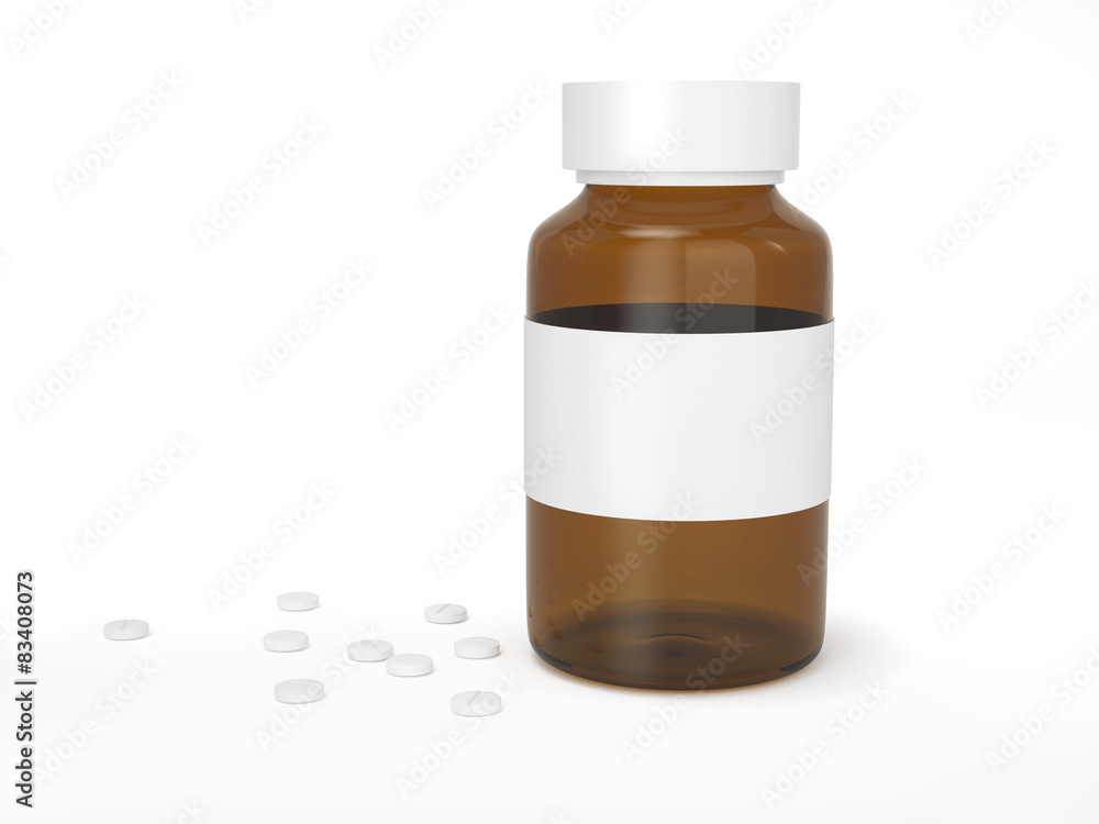 Glass blank medicine bottle with scattered tablets Glass blank medicine bottle with scattered tablets