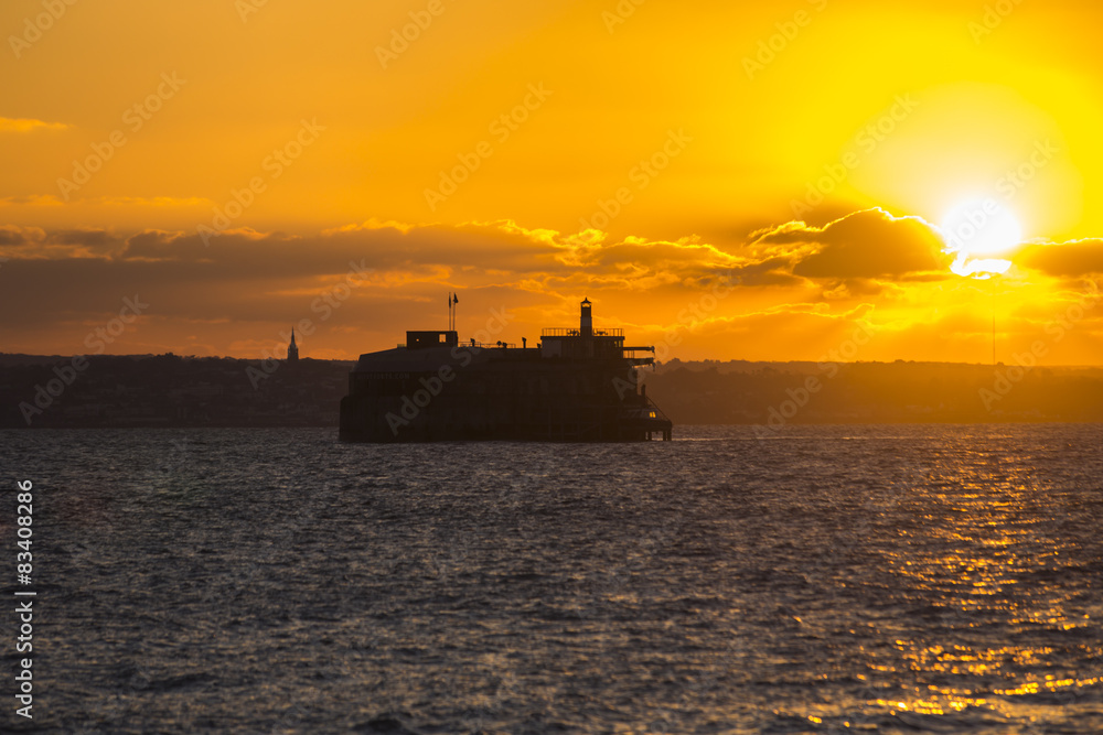 Sunset over Spitbank Fort Hotel in the Solent at Portsmouth