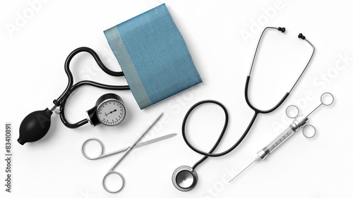 Various medical equipment isolated on white background photo