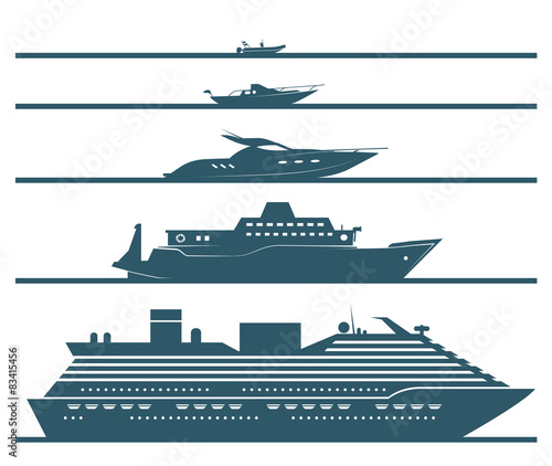  Set of different types of boats in flat design style. 