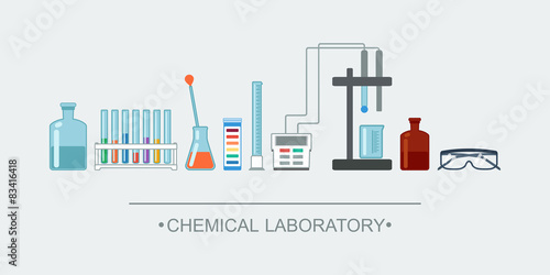 Banner chemical objects. Chemical laboratory glassware. vector