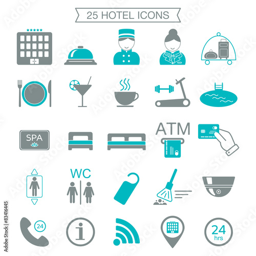 25 hotel services icons. Silhouette. Color block. Isolated. vector
