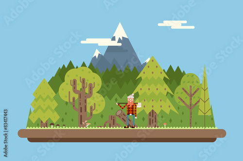 Lumberjack in wood under Mountain Concept Character Flat Design