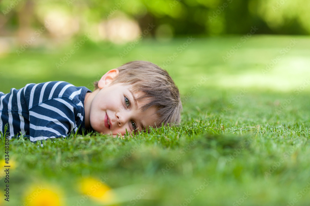 Smiling little boy, lying in the grass, smiling at the camera Smiling little boy, lying in the grass, smiling at the camera
