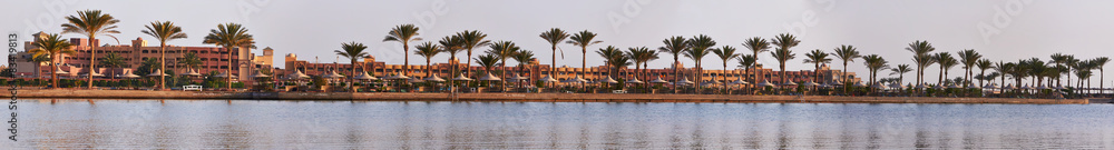 Panoramic view of coast and hotel in Egypt.