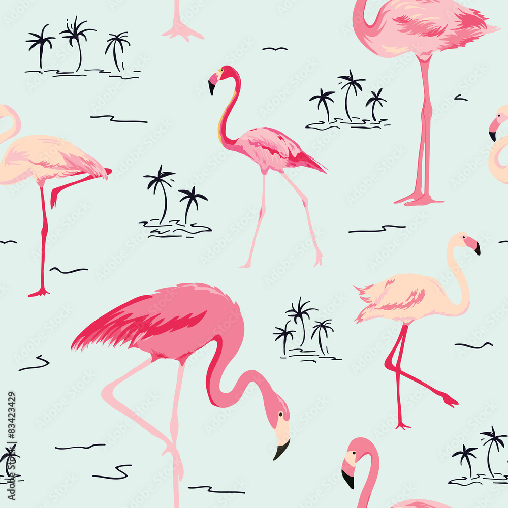 Obraz premium Flamingo Bird Background - Retro seamless pattern