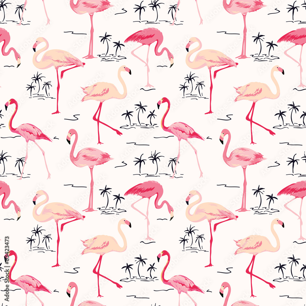 Naklejka premium Flamingo ptaka tło - Retro bezszwowy wzór