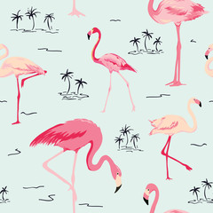 Fototapete Flamingomuster Retro Flamingos Hintergrund Muster  © wooster