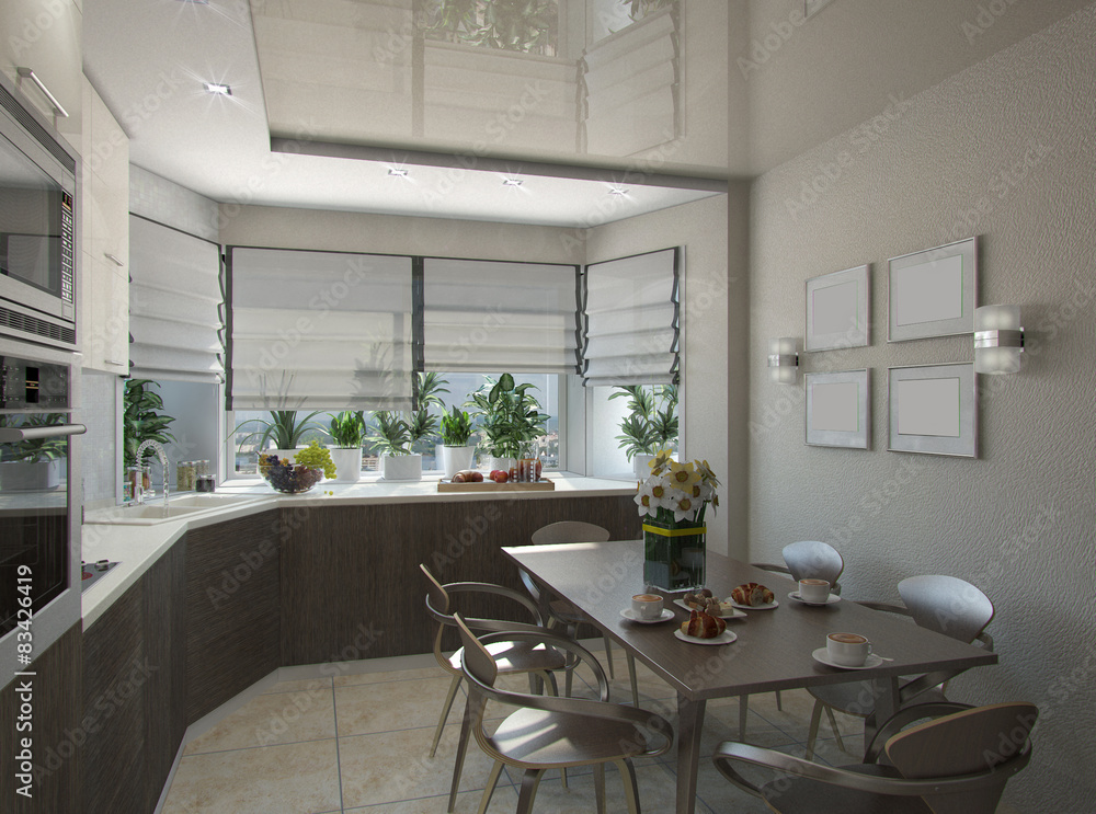 3d rendering of a kitchen in beige tones 3d rendering of a kitchen in beige tones