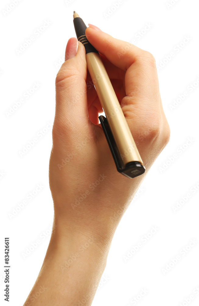 Female hand with pen isolated on white Female hand with pen isolated on white