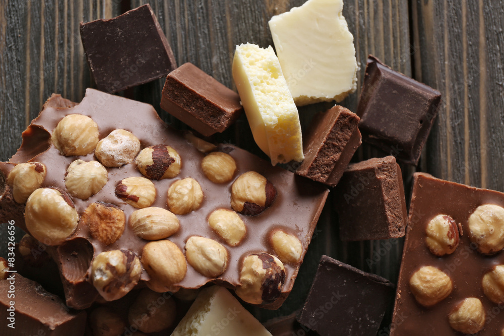 Set of chocolate with hazelnut, closeup Set of chocolate with hazelnut, closeup