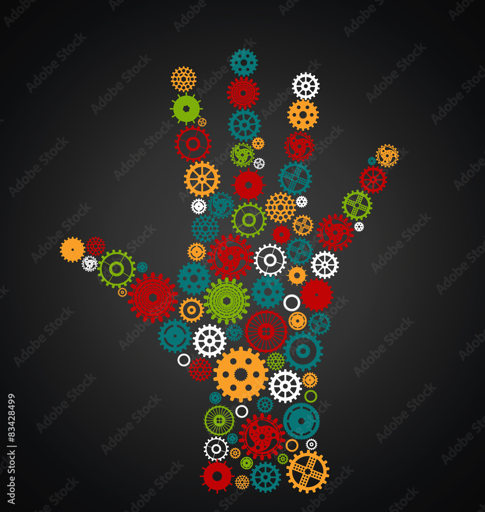 hand consisting of gears multi color on a black background hand consisting of gears multi color on a black background