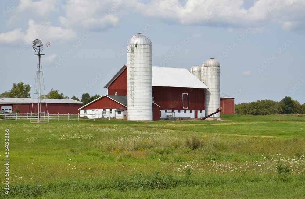 Traditional Red Barn and surrounding farmland