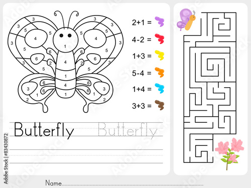 Maze game, Color by numbers - Worksheet for education