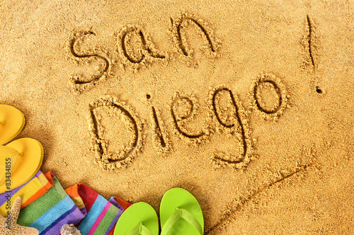 San Diego beach writing word written in sand summer vacation holiday photo
