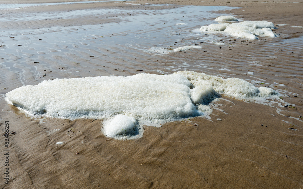 Airy white sea foam on the wet sand beach Airy white sea foam on the wet sand beach