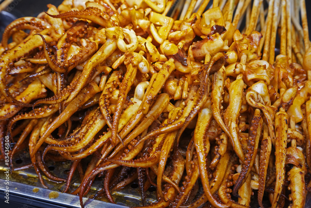Street food of grilled Squid on the streets of Guilin