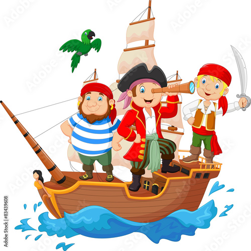 Cartoon little pirate was surfing the ocean