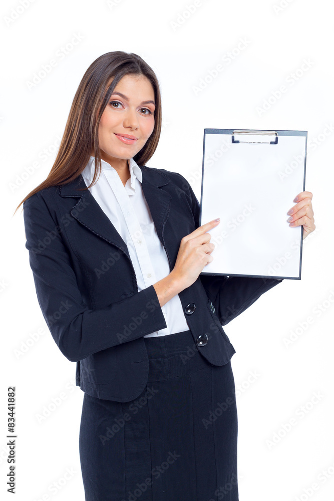 Businesswoman holding clipboard with blank sheet of paper Businesswoman holding clipboard with blank sheet of paper