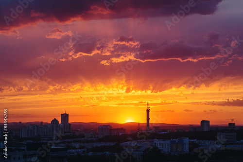 Epic Dramatic Sunset Sky in Industrial City © dariazu