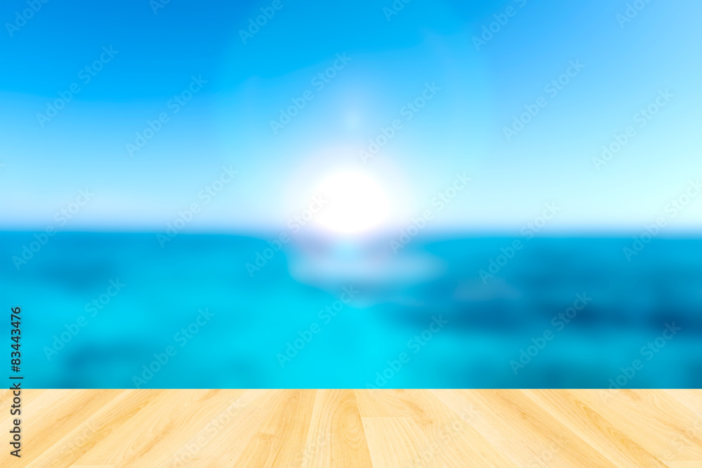 Wooden paving and blurred sea and sky background