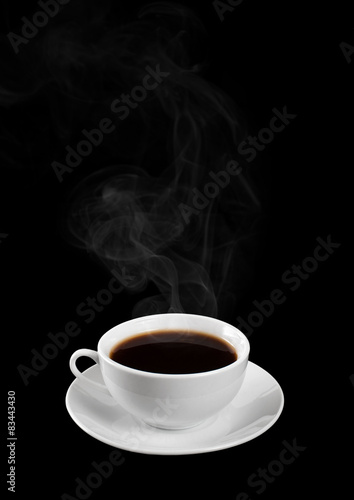 A cup of hot coffee isolated on a black background. steam