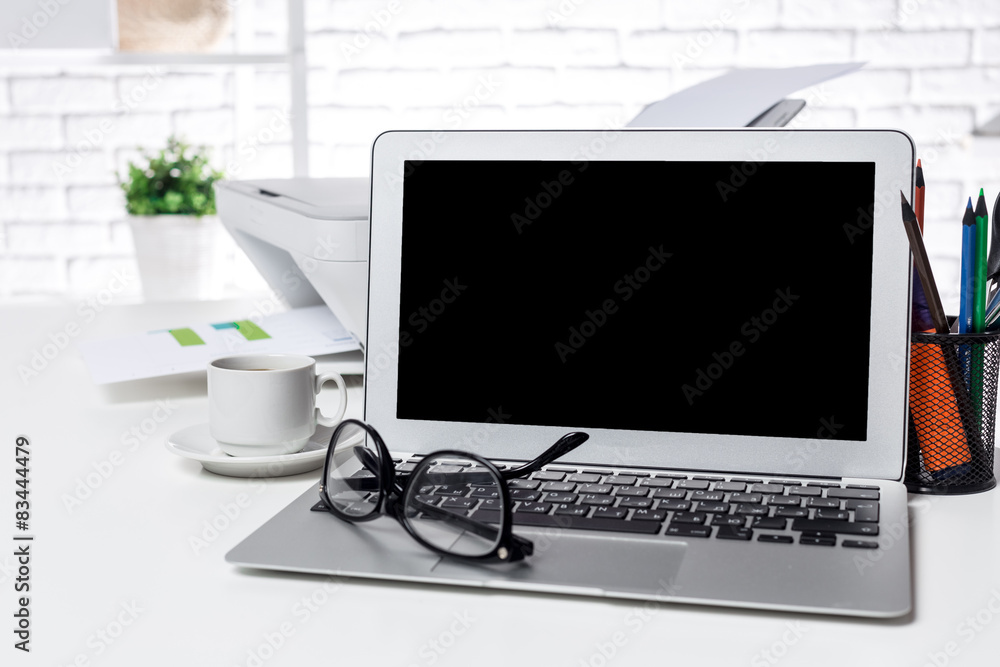 Office open laptop with blank screen Office open laptop with blank screen