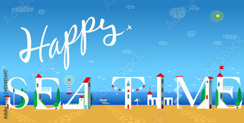 Inscription Happy sea time. Vector Illustration