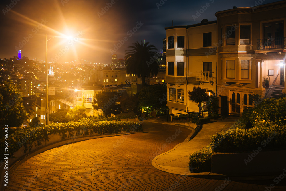 Lombard Street on Russian Hill at night, in San Francisco, Calif