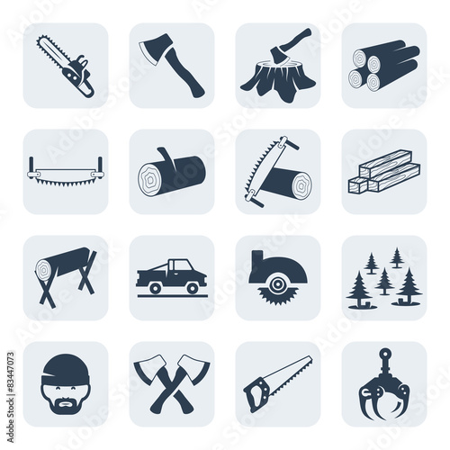 Vector lumberjack and sawmill icons set