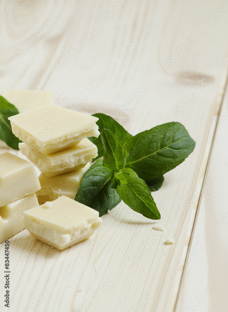 White chocolate with mint and lime, selective focus